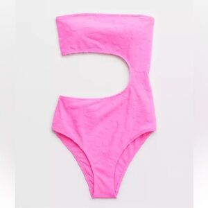 NWT Aerie Terry Cut Out Strapless One Piece Swimsuit in Pink Medium Tall